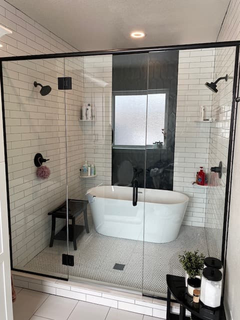 Shower glass panels and door with contemporary tile